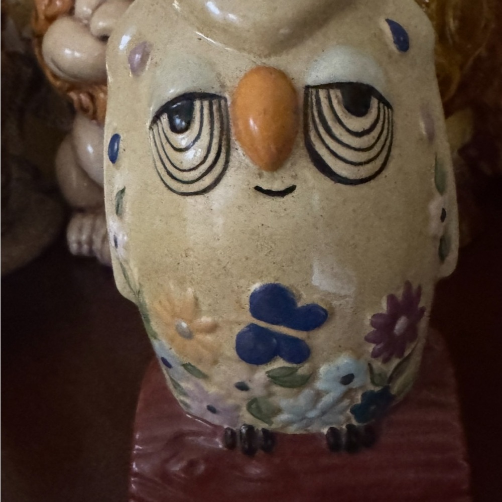 Whimsical Cream Ceramic Owl with Floral Accents